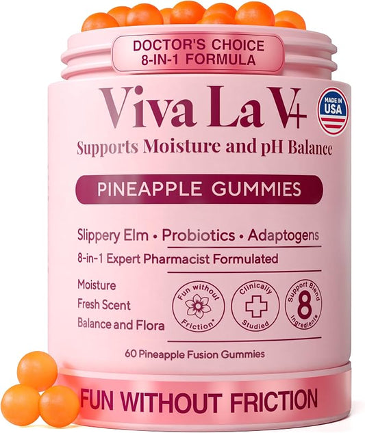 8-in-1 Slippery Elm Vaginal Probiotic Gummies for Women - Intimate Moisture, Balanced pH, Healthy Odor, Yeast Balance & Flora Support + Vitamin C - Tasty Pineapple (60 Count)