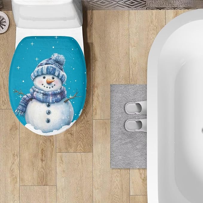Blue Snowman Toilet Seat Cover,Elastic Edges Toilet Seat Covers for Xmas Bathroom Decoration Accessories,Machine Washable