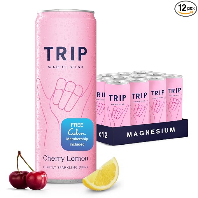 TRIP Lightly Sparkling Adaptogen Drink, Non Alcoholic Drink with Magnesium, Ashwagandha, Lions Mane & L Theanine, No Added Sugar Mocktail, Vegan, Cherry Lemon, 12 Oz, 12Pk