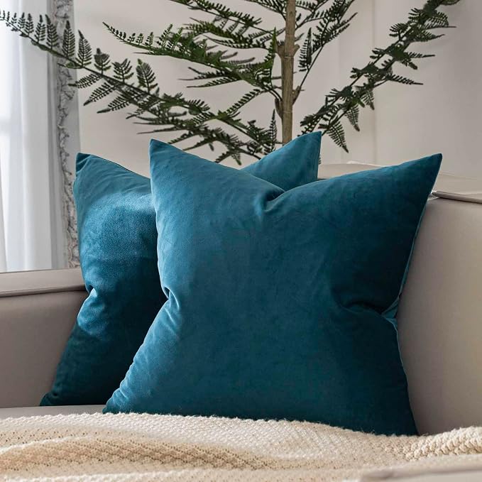 Throw Pillow Covers Set of 2 for Couch Velvet Cushion covers 14x14,Prussian | Decorative Pillow Covers with Invisible Zipper for Sofa Bed Living Room Bedroom Home Decor Modern