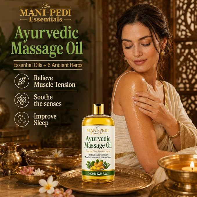 Ayurvedic Oil, Massage Oil with 6 Ancient Herbs with Clove, Almond, Lemongrass & Lavender Oils. Relieves Muscle Tensions, Calms Nerves, Soothes Senses. Organic & Natural - 10 Fl Oz