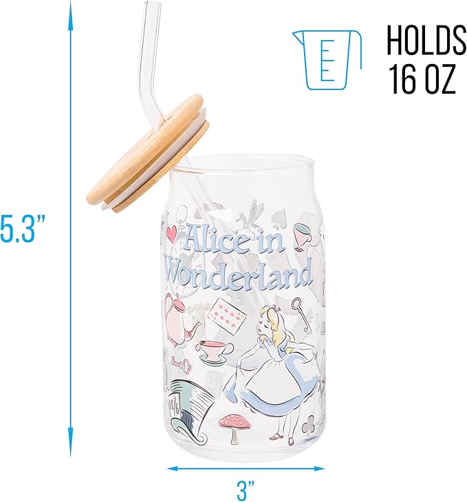 Silver Buffalo Disney Alice in Wonderland Glass Jar Tumbler with Bamboo Lid and Glass Straw, 16 Ounces