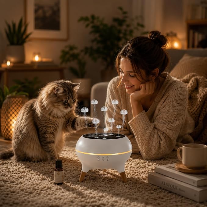 Jellyfish Essential Oil Diffuser, 250ml Aroma Diffuser Humidifier with Remote Control, 7-Color LED Lights, 4/8H Timer, Sound Activated Mist Ring Mode, Cool Mist Diffuser for Bedroom, Desk, Office