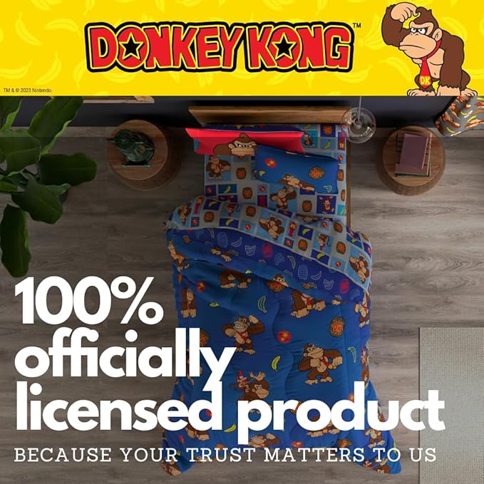 Collectibles Nintendo Donkey Kong Gaming Bedding 5 Piece Super Soft Reversible Comforter and Sheet Set with Sham, Twin, (Officially Licensed Product) By Franco