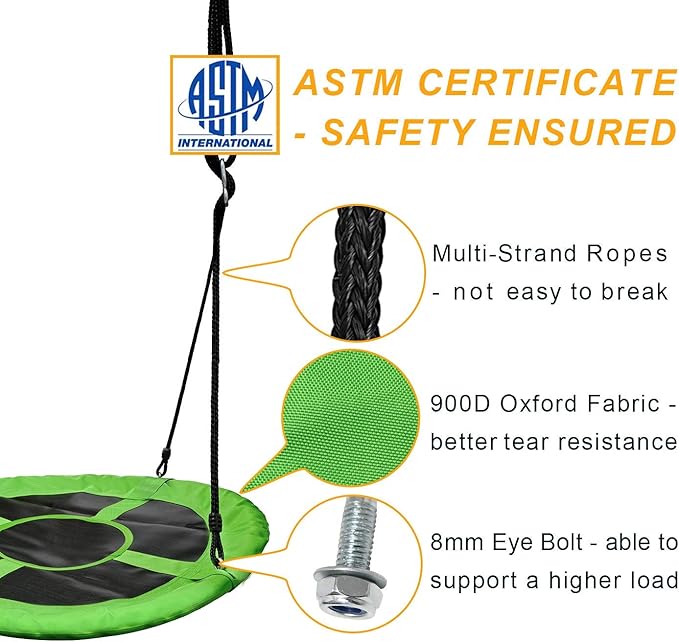 PACEARTH 40 Inch Saucer Tree Swing Flying 660lb Weight Capacity 2 Added Hanging Straps Adjustable Multi-Strand Ropes Colorful Safe and Durable Swing Seat for Children-Green