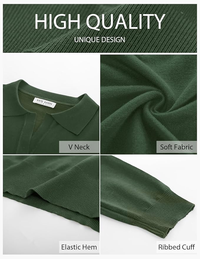 Women's Long Sleeve Classic V Neck Casual Fall Winter Polo Sweater Tops | Basic Collared Knitted Fashion Work Business Formal Daily Wear Versatile Pullover Shirts