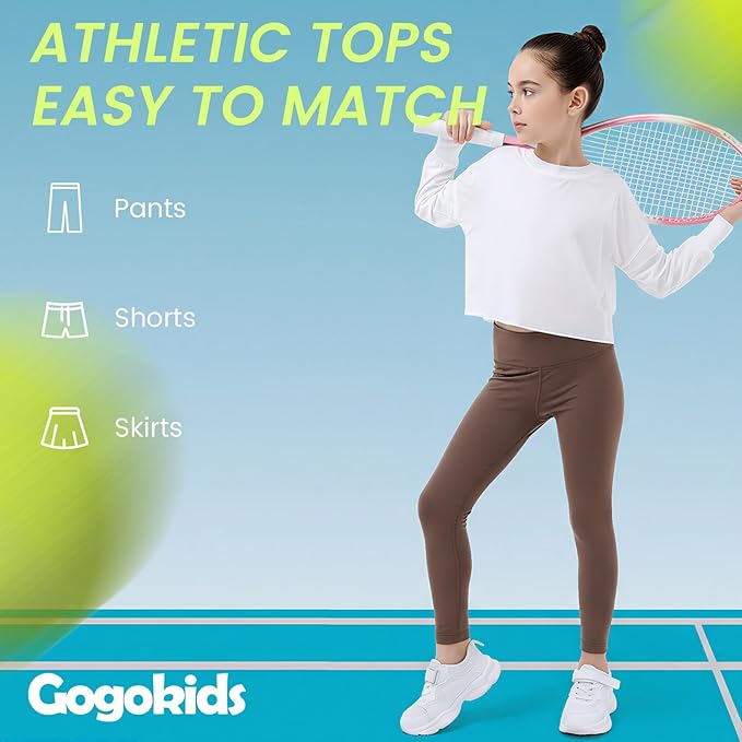 Gogokids Girls Shirts Long Sleeve Athletic Shirts Open Back Tops Active Sports Tshirts Yoga Workout Crop Tees 5-14 Years