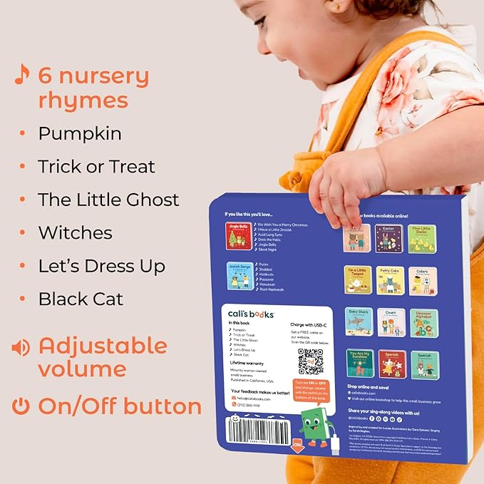 Cali's Books Halloween Musical Book - Glow in The Dark Toddler Sound Books, USB-C Rechargeable Singing Nursery Rhymes Music Toys, Halloween Song Toy for Kids 1-3