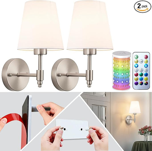 Peel and Stick Wall Sconces, Stick On Wall Sconce Set of 2, Battery Operated Wireless Adhesive Wall Lights, Corn Bulb with 10000mAh Battery, Easy Install for Bedroom Living Room Wall Decor