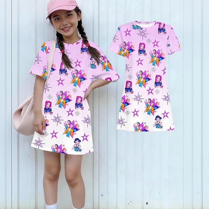 Girl's Anime K-POP Graphic Long Dress T-Shirt - Casual Loose Fit Short Sleeve Top