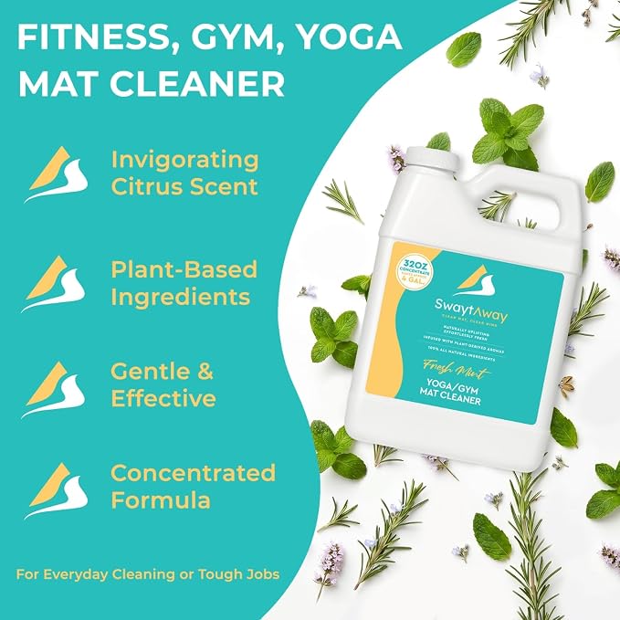 SwaytAway Fitness Mat Cleaner Concentrate – 32oz/Make 4 Gal - No-Slip No-Residue Fresh Mint Essential Oil Formula – USA Made Aromatherapy Yoga Mat Spray for Home & Studio – Natural Cleaning Solution