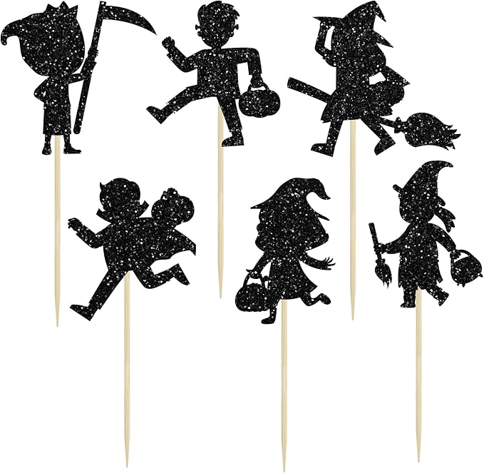 Gyufise 24Pcs Halloween Cupcake Toppers Black Glitter Trick or Treat Halloween Cupcake Pick Decorations for Baby Shower Kids Boys Girls Birthday Party Cake Decorations Supplies