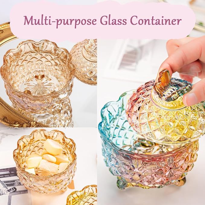 4" Glass Dusting Powder Container with 2 Fluffy Puffs,Cute 3.5" Soft Body Powder Puff and Jar Set(Butterfly-colorful)