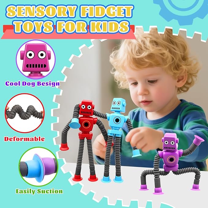 16PCS Suction Cup Robot Toy, Transformable Telescopic Pop Tubes Sensory Toy for Kids Adults, Funny Robot Action Figure Bendable Fidget Toy Gift Birthday Party Favors Christmas