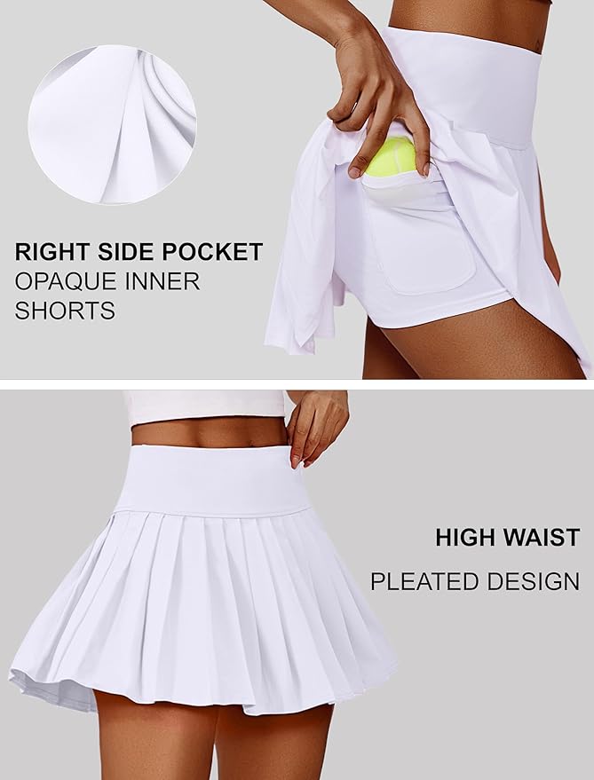 PINSPARK Pleated Tennis Skirts Mini Athletic Golf Skorts with Pocket | 14", High Waist, Lightweight, Quick Dry, Stretchy, Inner Shorts, Sun Protection, Pickleball, Casual, for Women