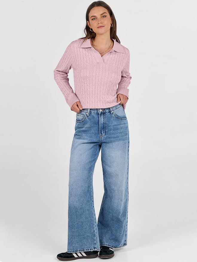 ANRABESS Womens Cable Knit Sweaters Long Sleeve V Neck | Pullover Collared Sweater Tops, Polo Knit Shirts, Business Casual Work, Tennis Golf, Fall Winter Fashion Outfits