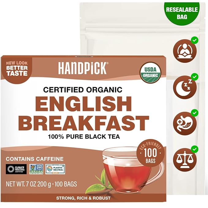 HANDPICK, Organic English Breakfast Black Tea Bags (100 Count) USDA Organic, Non-GMO | Strong, Robust, High-Caffeine Black Tea | Eco-conscious Tea Bags, Brew English Breakfast Tea & Kombucha Tea