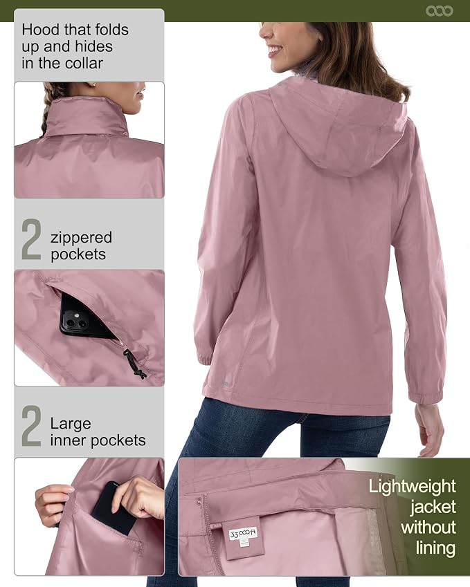 33,000ft Women's Rain Jacket Waterproof Lightweight Packable Raincoat with Hood for Golf Hiking Travel Windbreaker