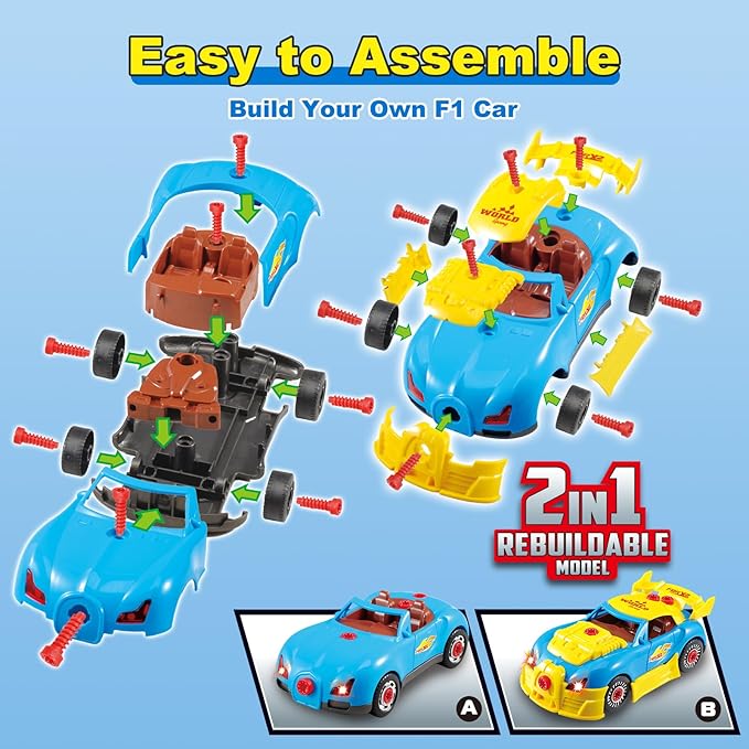 Pup Go Construction Toys for Boys Age 3-8, Take Apart Toy Car Racing, 30 Pieces Building Toys with Electric Drill, Build Your Own Car with Realistic Sounds & Lights, STEM Gifts Kids (4 Spare Screws)