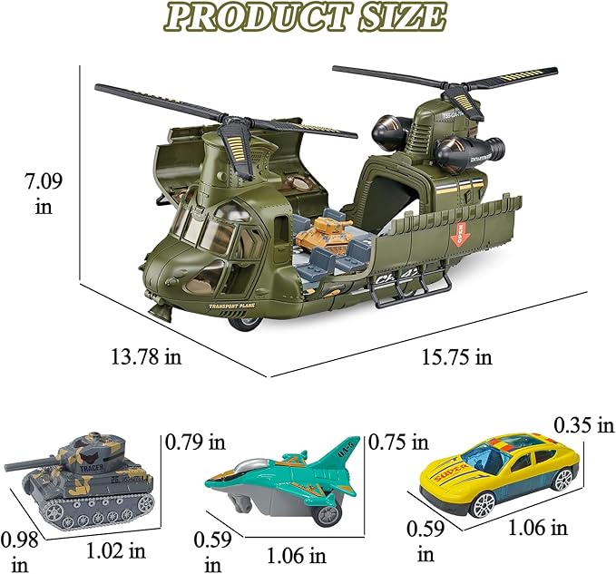 Military Helicopter Toys Set with Light - Friction Powered Transport Helicopter Toy with Army Tanks, Airplanes, Mini Cars - Army Toys Military Playset Christmas Birthday Party Gifts for Kids
