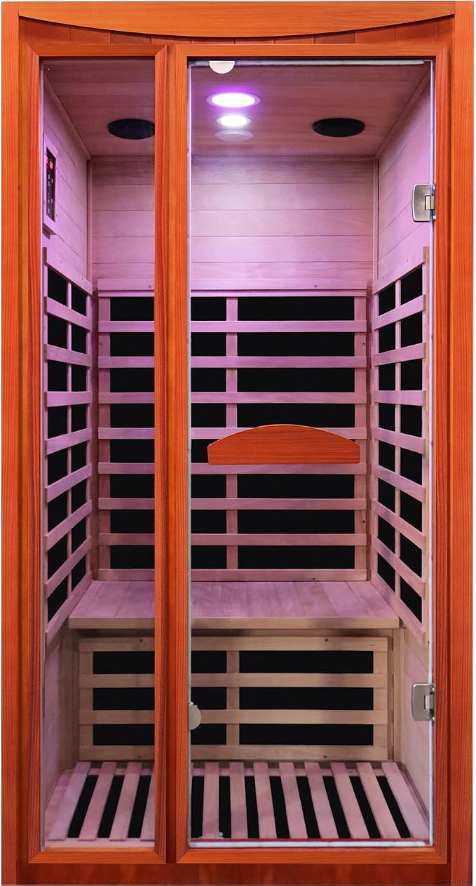 Infrared Sauna, Far Infrared Saunas for Home 1550W/110V Indoor Sauna for Single Person Wood Sauna Spacious 1-2 Person Low EMF Dry Sauna with Speakers/Air Hole and Color Lighting 39.4 * 35.4 * 74.8 in