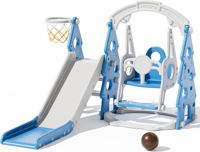 KORIMEFA 4-in-1 Kids Slide and Swing Set, Toddler Slide with Basketball Hoop, Swing, Outdoor Indoor Playground for Toddlers 1-3 Pine Shape Design(4 in 1-Blue)