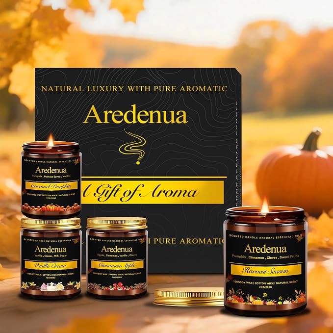 Fall Candles Set – 4 Pack Cozy Autumn Seasonal Candles Gift - Caramel Pumpkin, Cinnamon Apple, Harvest Season & Vanilla Cream, 28oz Soy Candles for Christmas Cozy Winter Gifting