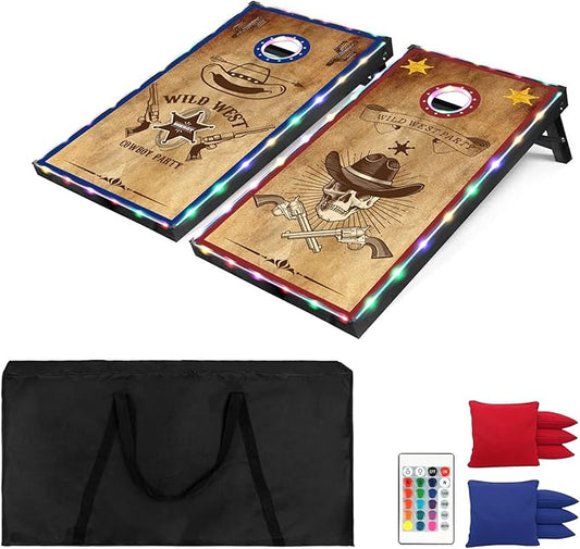LED Cornhole Set, 3 x 2ft / 4 x2 ft Cornhole Board Game Set, Corn Hole Outdoor Game, Multi-Design with Light-Up Border, 8 Bean Bags, Carrying Case for Backyard, Beach, Lawn