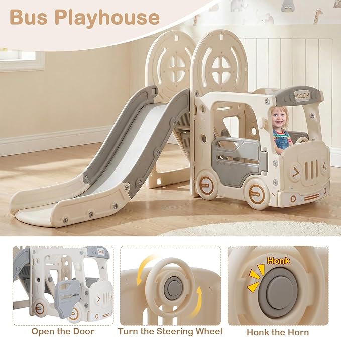 OLAKIDS Toddler Slide and Swing Set, 5 in 1 Bus Themed Baby Slide with Climber Basketball Hoop Car Playhouse for Indoor Outdoor Boys Girls Aged 3+ (Grey)