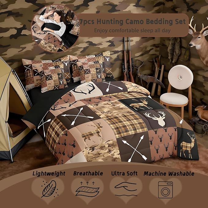 Feelyou Hunting Camo Deer Comforter Set with Sheets 7 Piece Queen Size Rustic Western Farmhouse Bedding Set for Kids Boys Girls Wildlife Animal Bed in a Bag Camouflage Hunter Room Decor Soft