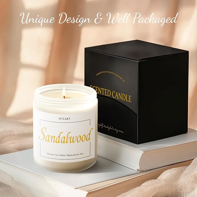 Sandalwood Scented Candles for Home, Natural Soy Wax Aromatherapy Santal Candle Gifts for Women & Men, Handmade Highly Scented & Long Lasting Non Toxic Jar Candle for Stress Relief (9oz