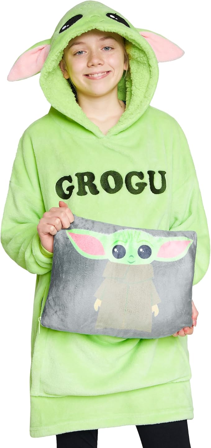 Disney Blanket Hoodie for Kids, 2-in-1 Folds into Travel Cushion, Stitch Baby Yoda Maleficent Eeyore, Gifts for Girls Boys