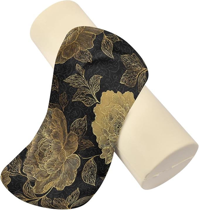 Gold Peony Neck Roll Pillow Bolster Round Health Memory Foam Long Cervical Cylinder Pillows with Removable Washable Cover for Body Bed Legs Back Yoga