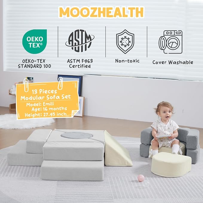 13 Pieces Foam Climbing Blocks for Toddlers|Kids Floral Soft Play Climbing for Indoor,Modular Crawing Toys with Washable Cover for Playroom,Bedroom and Preschool,Gray & Beige