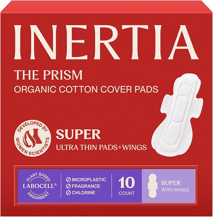 INERTIA The Prism Super – Truly Organic Ultra Thin & Leak-Proof Organic Cotton Korean Pads with Wings | Heavy Absorbency | Hypoallergenic, Super Absorbent, Chlorine-Free & Fragrance-Free (10 Count)