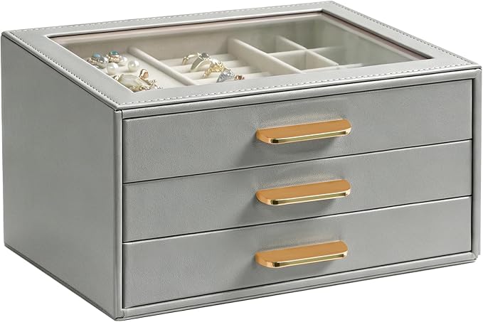 Homeanda Jewelry Boxes Organizer with Glass Lid, 3-Layer PU Leather, Grey | Modern style display case with 3 drawers for daily jewelry, women, mom or girl gift