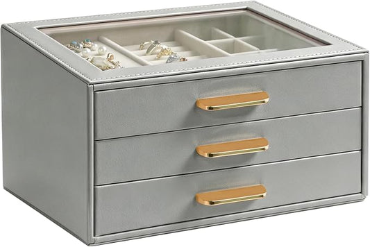 Homeanda Jewelry Boxes Organizer with Glass Lid, 3-Layer PU Leather, Grey | Modern style display case with 3 drawers for daily jewelry, women, mom or girl gift