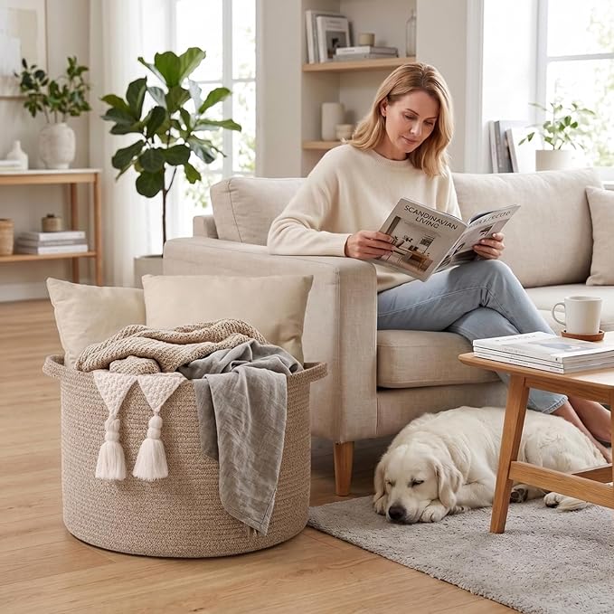 65L Large Blanket Basket,Woven Rope Laundry Basket-Brown | Collapsible, reinforced handles, nursery storage bin organizes clothes, toys and pillows for living room, bedroom bathroom.