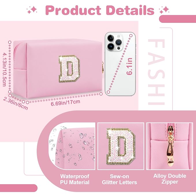 Small Personalized Initial A-Z Patch Makeup Bag,Pink Cute PU Leather Glitter Letter Cosmetic Bag for Teen Girls,Travel Toiletry Bag with Zipper,Preppy Monogrammed Birthday Gift for Daughter Niece D
