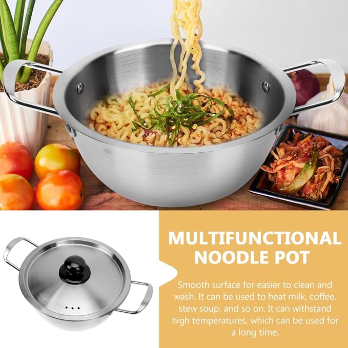 Yardwe Korean Ramen Pot with Lid Stainless Steel Instant Noodle Pot Double Handle Saucepan for Soup Milk Warming and Kitchen Cooking 10.03 X 7.08 X 3.54 in