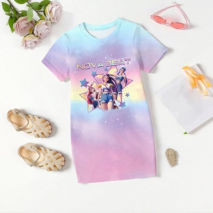 Girl's Anime K-POP Graphic Long Dress T-Shirt - Casual Loose Fit Short Sleeve Top