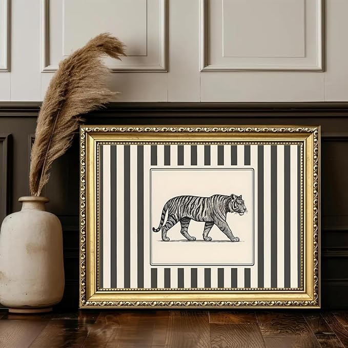 Vintage Tiger Wall Art Wildlife Wall Decor Pictures Black and White Stripe Jungle Animal Poster Canvas Painting Print for Bedroom Living Room Bathroom 8x10 inch Gold Framed