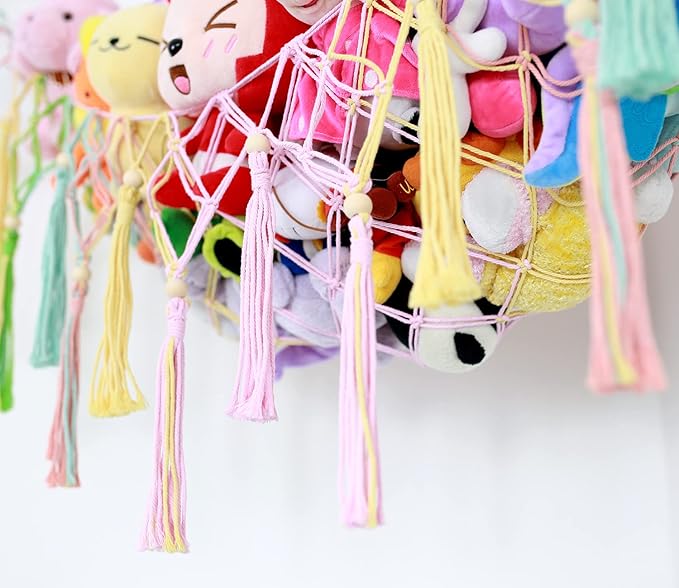 Large Stuffed Animal Net Toy Hammock Corner XL Hanging Net for Plush Toy Holder Boho Macrame Toy Display Stuffed Animal Storage Organizer for Kids Room, Nursery