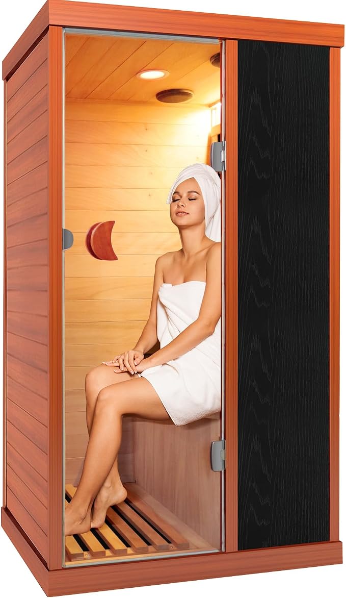 Far Infrared Sauna Home Sauna Room 1200W/110V Low-EMF Wood Indoor Dry Sauna | 1 Person Compact Sauna with Control Panel Speaker & Tempered Glass Door- Fast Heating Easy Assembly 35.2 * 28.8 * 61.5 in