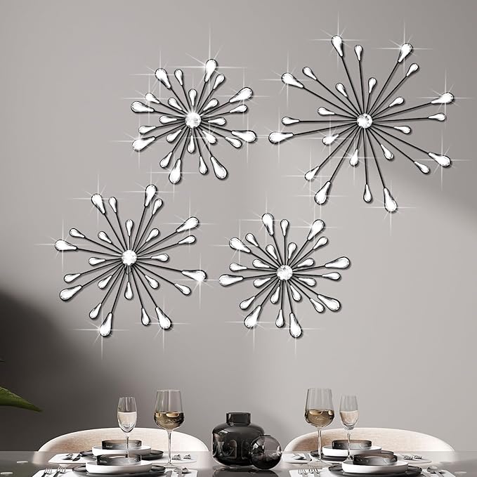 Hicarer 4 Pcs Starburst Wall Decor Bling Wall Art Crystal Teardrop 3D Hanging Rhinestone Radial Metal Artwork Modern Accent Sculptures Decorations for Living Room Home Office Bedroom(Black)