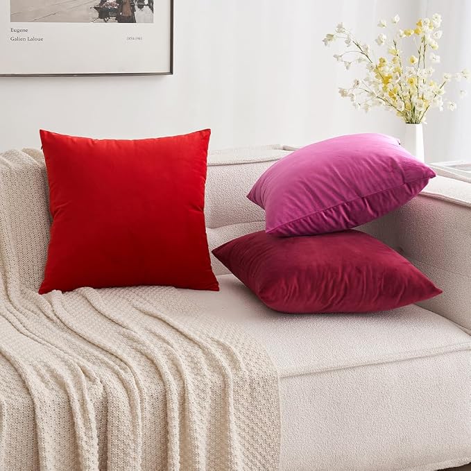 MIULEE Velvet Throw Pillow Covers 18x18 Inch Pack of 2 Bright Red | Soft Solid Decorative Pillow Covers, Modern Luxury Home Decor, for Couch Chair Sofa Bedroom Livingroom