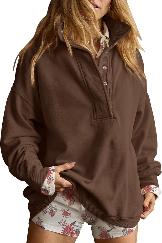 Gacaky Sweatshirt for Women Oversized Casual Long Sleeve Button Henley Neck Pullover Tops Fashion Outfits Clothes