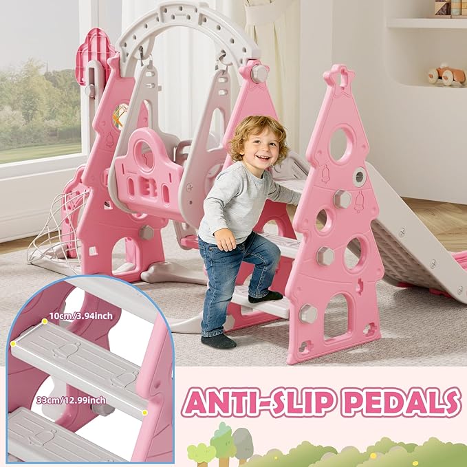 KORIMEFA 6-in-1 Kids Slide and Swing Set, Toddler Slide with Basketball Hoop, Swing, Outdoor Indoor Playground for Toddlers 1-3 Pine Shape Design(6 in1-Pink)
