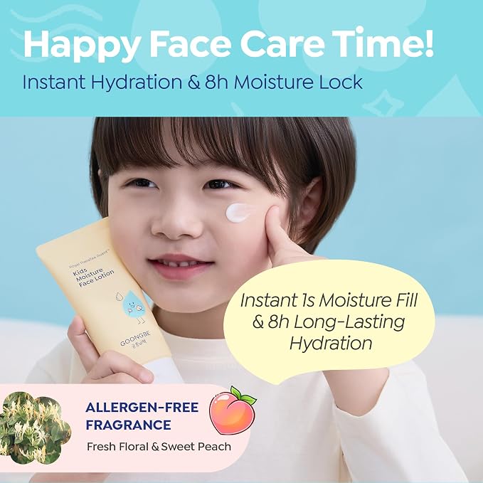 GOONGBE Kids' Moisture Face Lotion - Non-Sticky Quick-Absorb Daily Moisturizer for Sensitive Skin, 8hr Moisturizing Cream with Cica and Allantoin, Barrier-Support Formula, Allergen Free 2.7 fl.oz.
