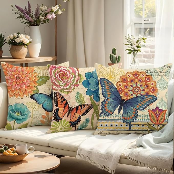 wyooxoo Spring Summer Pillow Covers 16x16 Set of 4 Farmhouse Throw Pillow Covers Linen Flower Butterfly Decorative Pillowcases for Sofa Couch Living Room Outdoor